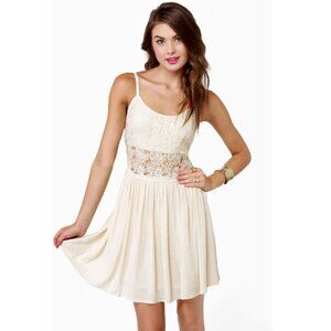 Pines & Needles Embroidered Lace Bodice Sheer Midriff Spaghetti Strap Mini Dress